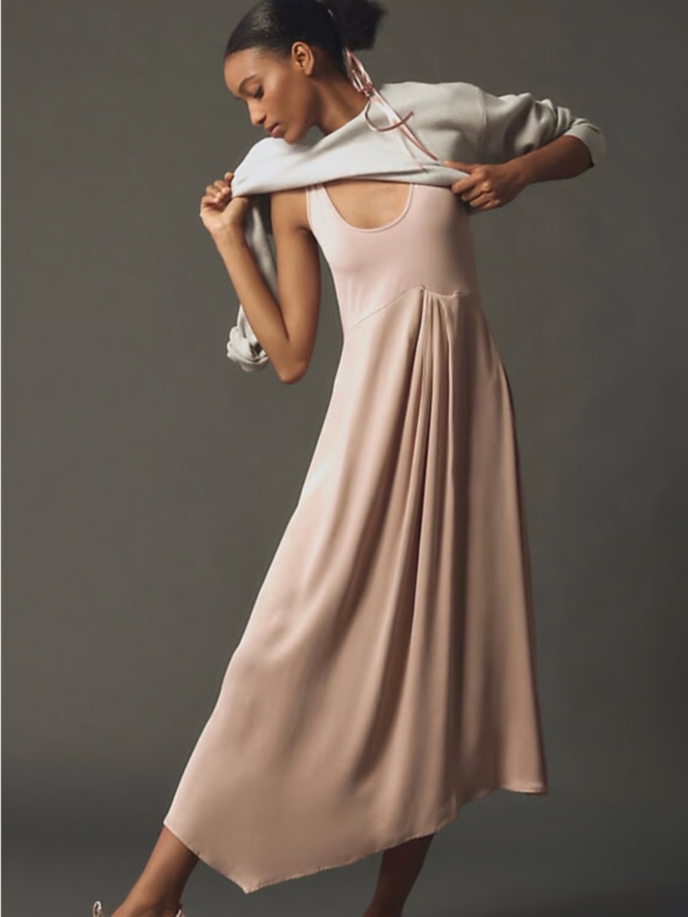 Anthropologie Gemini Twofer Dress Sleeveless Satin Midi Dress in Blush